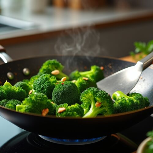 Vibrant broccoli in pan with almonds & spices for Chinese broccoli recipe.