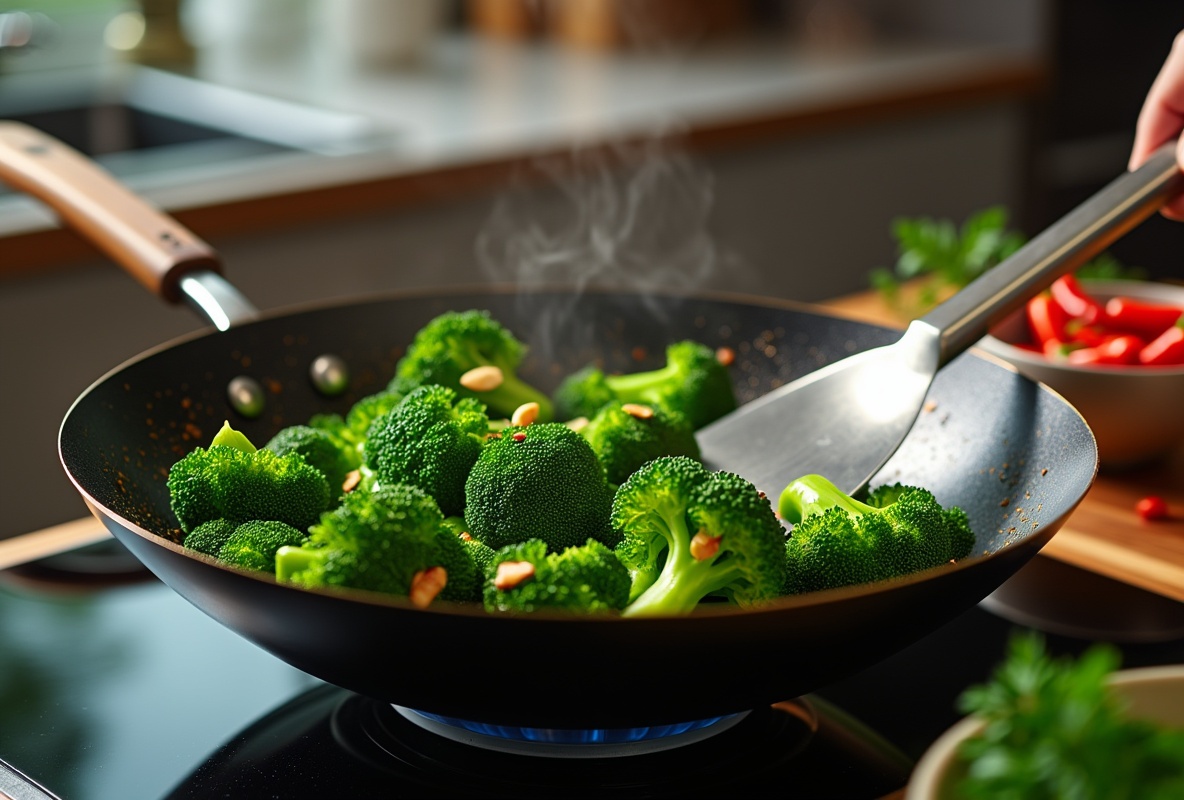 Vibrant broccoli in pan with almonds & spices for Chinese broccoli recipe.