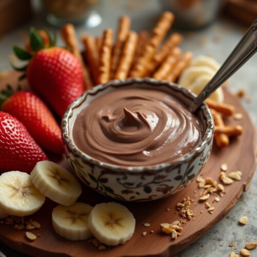 Creamy chocolate hazelnut dip in a bowl with strawberries, bananas, and pretzels.