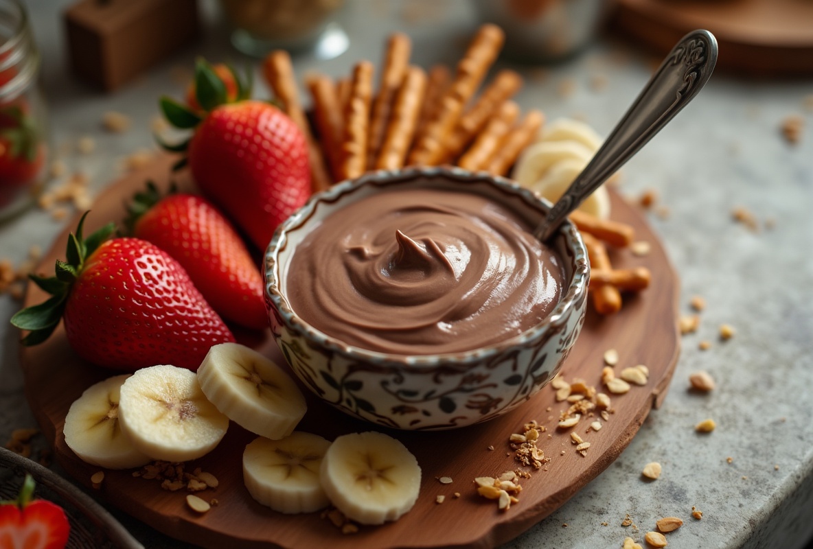 Creamy chocolate hazelnut dip in a bowl with strawberries, bananas, and pretzels.