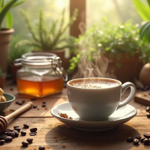 Steaming cup of cordyceps coffee with honey and snacks.