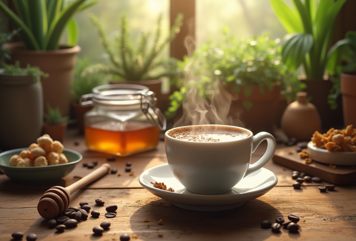 Steaming cup of cordyceps coffee with honey and snacks.