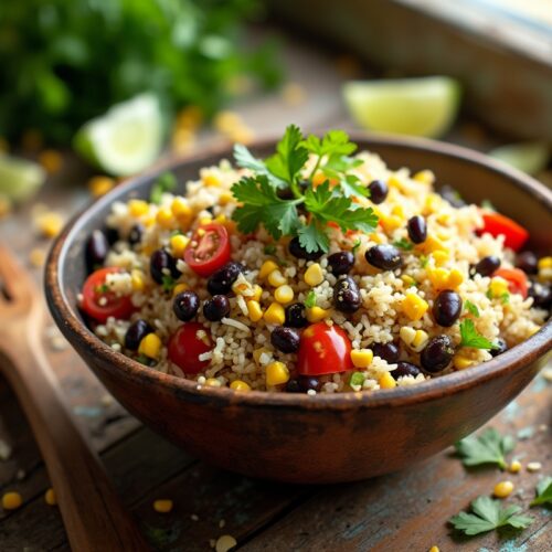 Tex-Mex Cowboy Rice Salad in a rustic bowl with beans, corn, and tomatoes