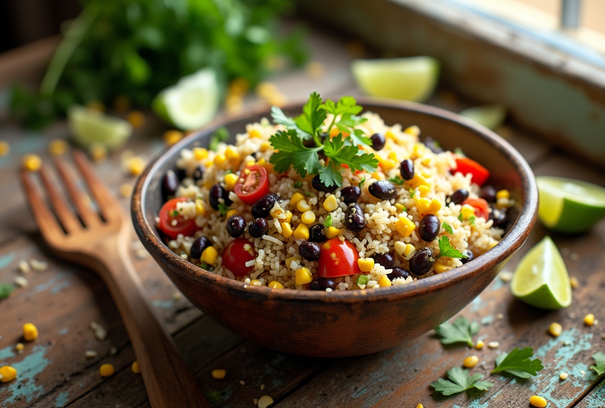 Tex-Mex Cowboy Rice Salad in a rustic bowl with beans, corn, and tomatoes