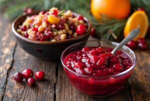 Two bowls showing cranberry relish with nuts and cranberry sauce.