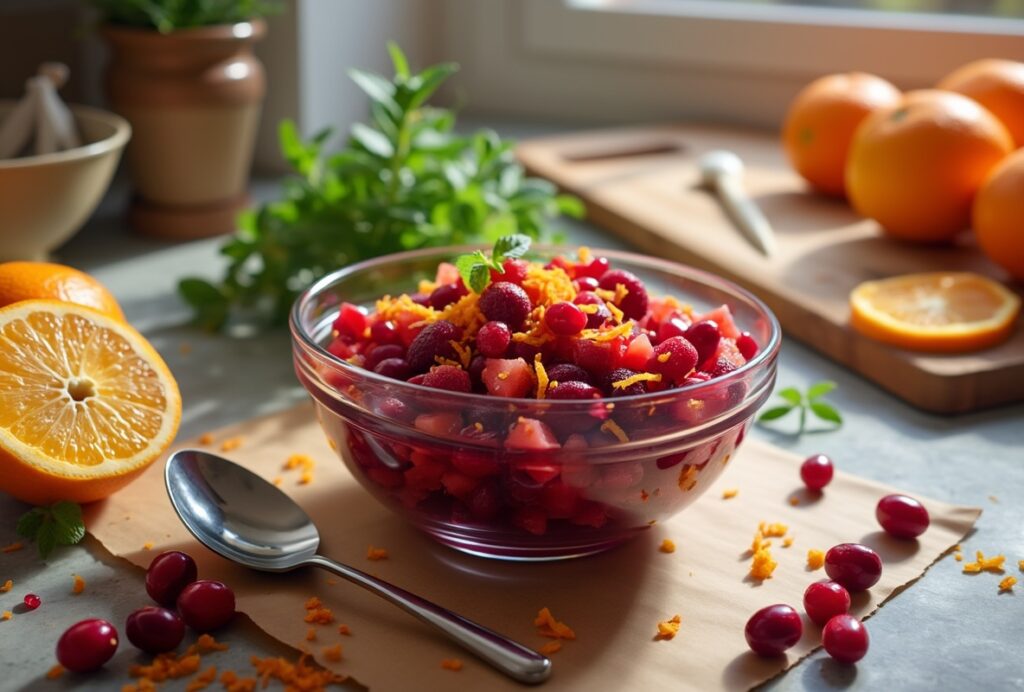 Glass bowl of fresh cranberry orange relish on a counter with fruits.