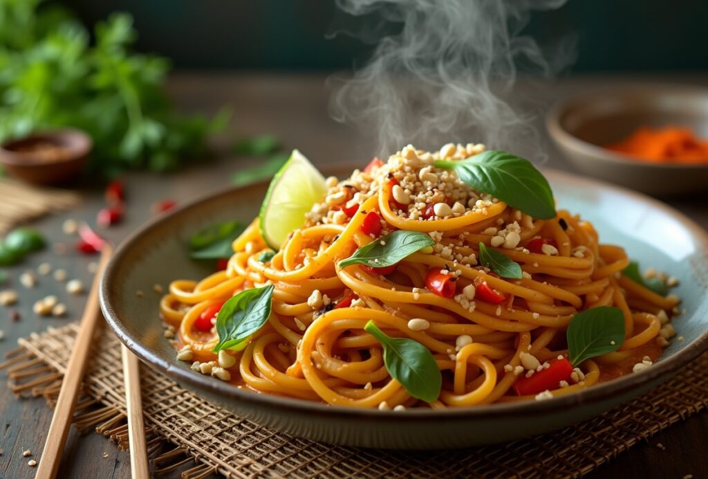 Bowl of Thai curry pasta with basil, lime, peanuts.