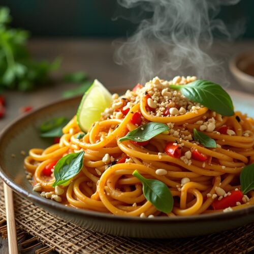 Bowl of Thai curry pasta with basil, lime, peanuts.