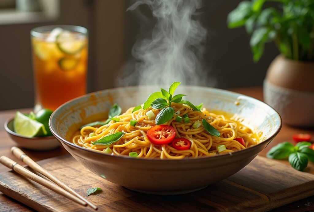 Steaming bowl of Thai curry pasta with basil and chili on table.