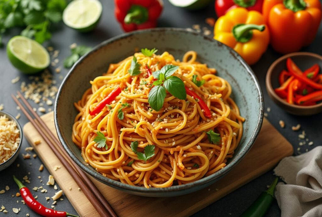 Bowl of Thai Curry Pasta with fresh herbs and colorful ingredients.