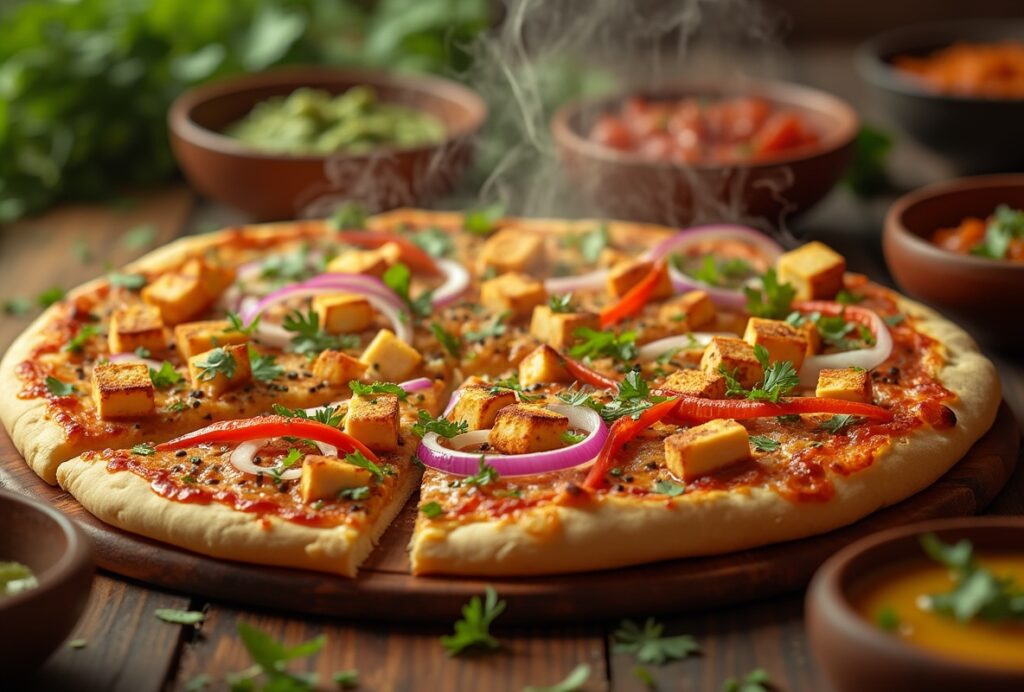 Desi pizza with paneer, bell peppers, onions, and cilantro.