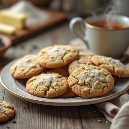 Plate of Earl Grey cookies with powdered sugar next to tea.