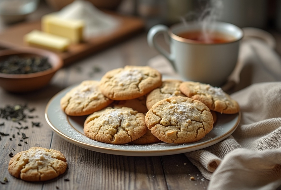 Plate of Earl Grey cookies with powdered sugar next to tea.