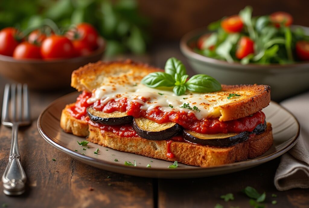 Easy Eggplant Parmesan Sandwich with crispy bread, eggplant, tomato sauce, cheese, and basil.