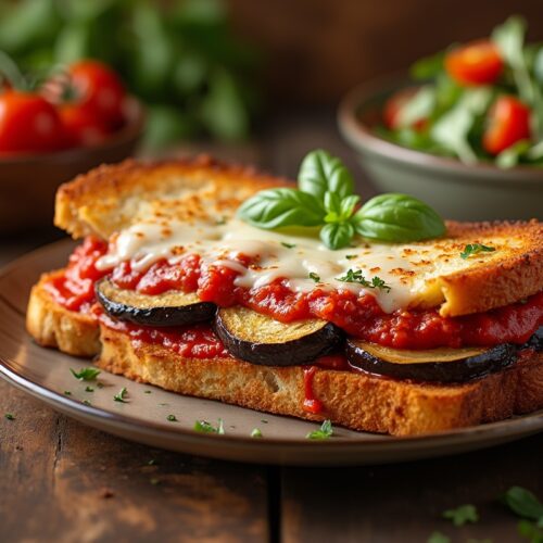 Easy Eggplant Parmesan Sandwich with crispy bread, eggplant, tomato sauce, cheese, and basil.