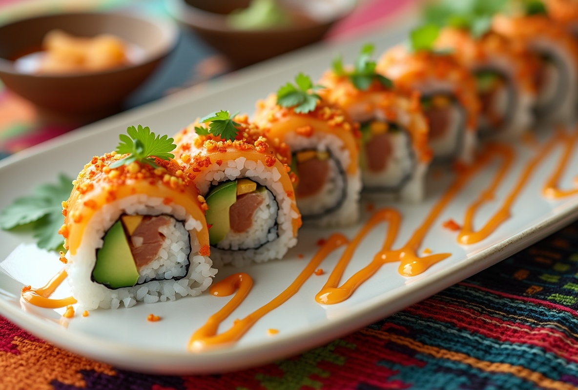 Appetizing Mexican sushi rolls with salmon and avocado.