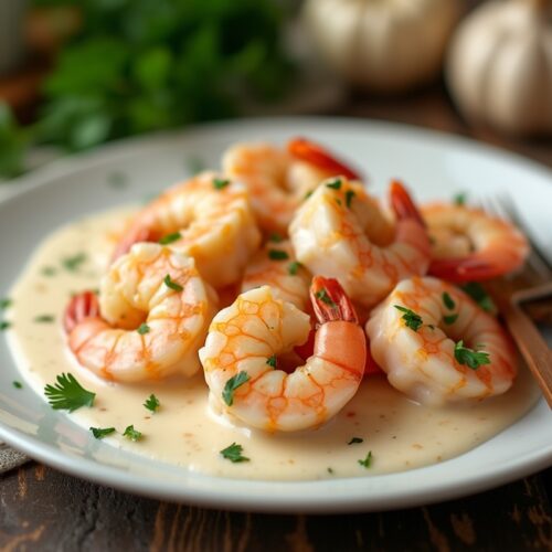 Plump prawns in garlic cream sauce on white plate with parsley.