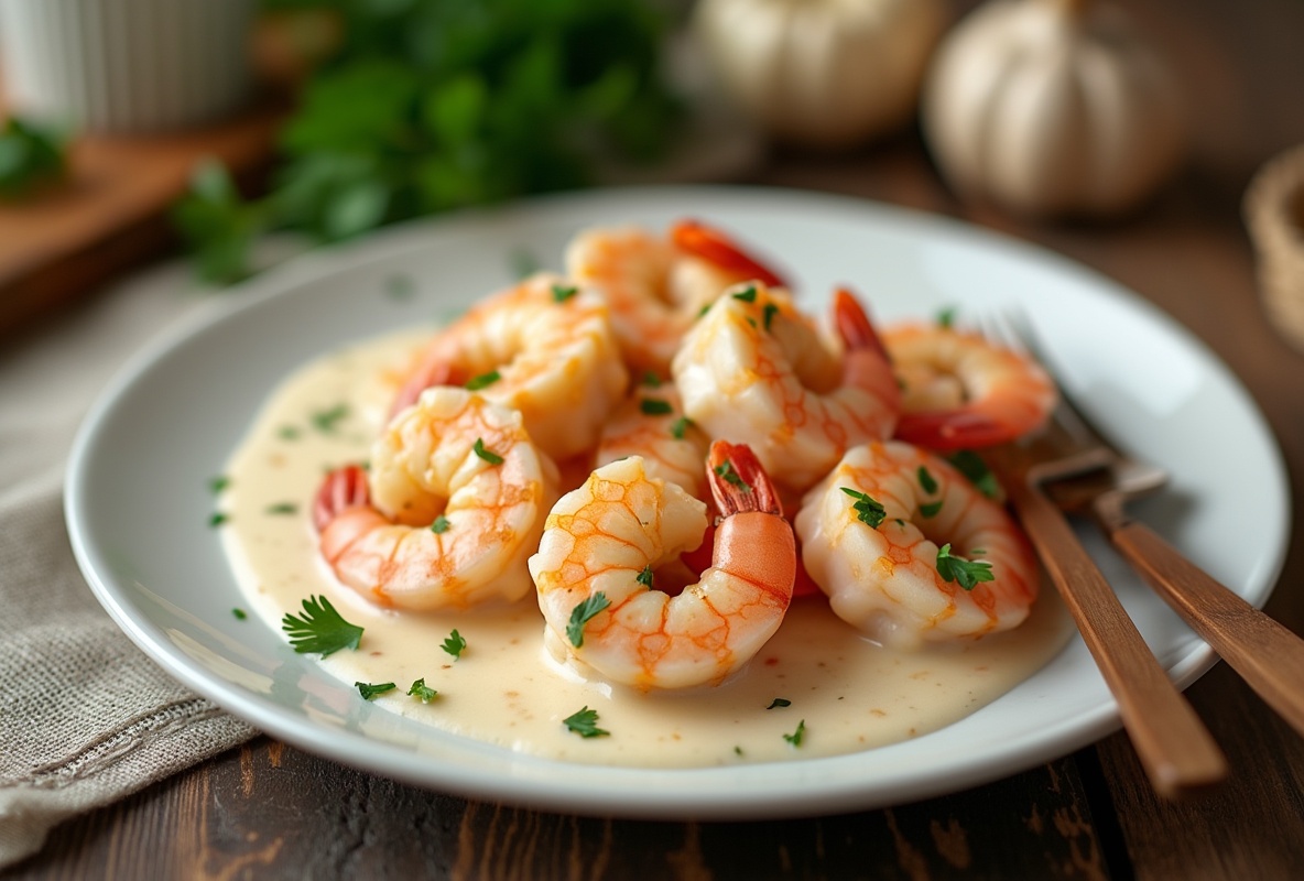 Plump prawns in garlic cream sauce on white plate with parsley.