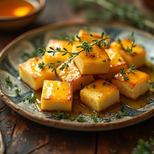 Golden-browned halloumi with honey and thyme on ceramic plate