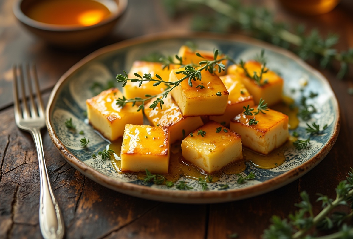 Golden-browned halloumi with honey and thyme on ceramic plate