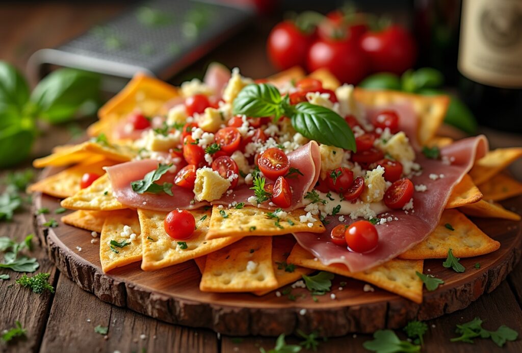 Gourmet plate of nachos with ham, tomatoes, feta, and parsley.