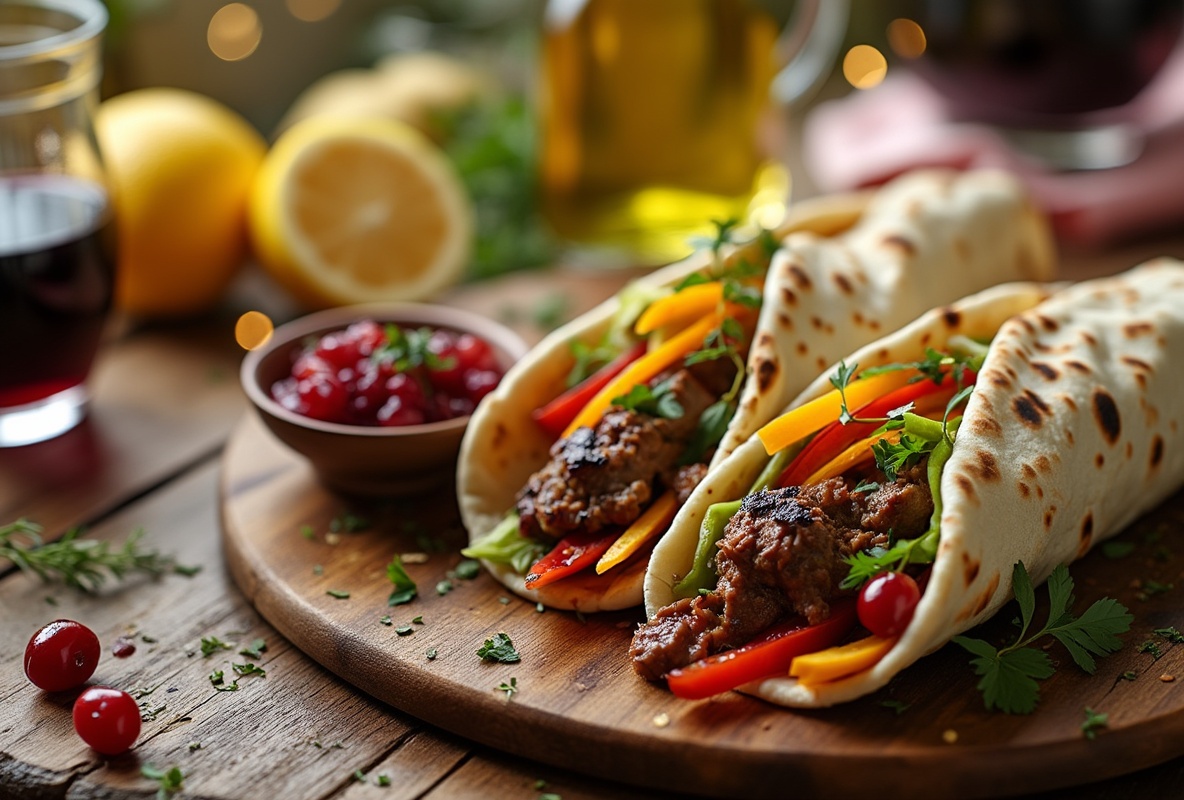 Greek-inspired tacos with grilled meat, peppers, and fresh greens.