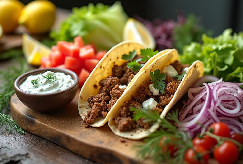 Greek tacos with seasoned meat, feta, and tzatziki sauce.