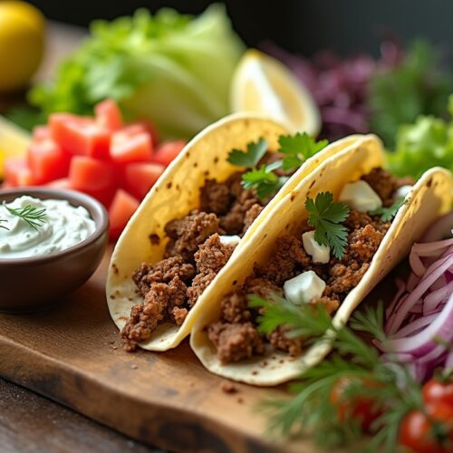 Greek tacos with seasoned meat, feta, and tzatziki sauce.