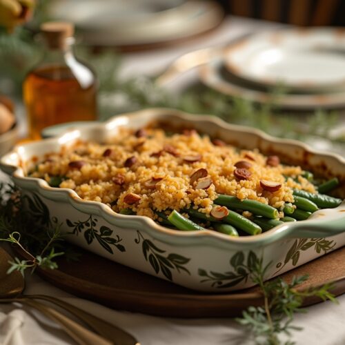 Green bean casserole with crunchy breadcrumbs in white dish.