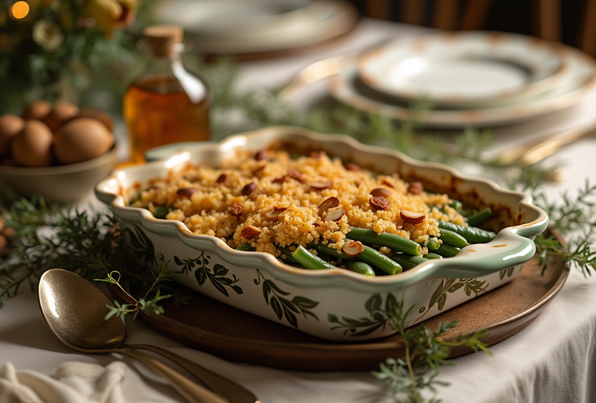 Green bean casserole with crunchy breadcrumbs in white dish.