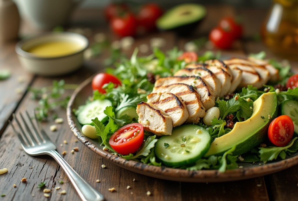 Nutritious grilled chicken salad with greens, avocado, tomatoes, and quinoa.