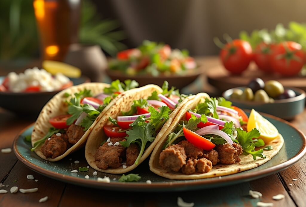 Greek-style tacos on rustic blue plate with seasoned meat, tomatoes, onion, lettuce, feta, lemon, parsley.