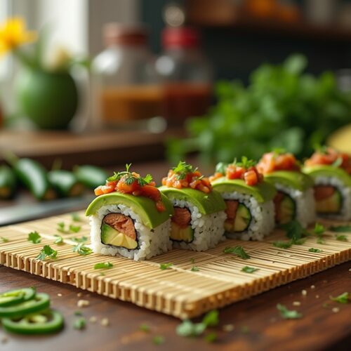 Mexican sushi rolls with avocado and salsa on a bamboo mat.