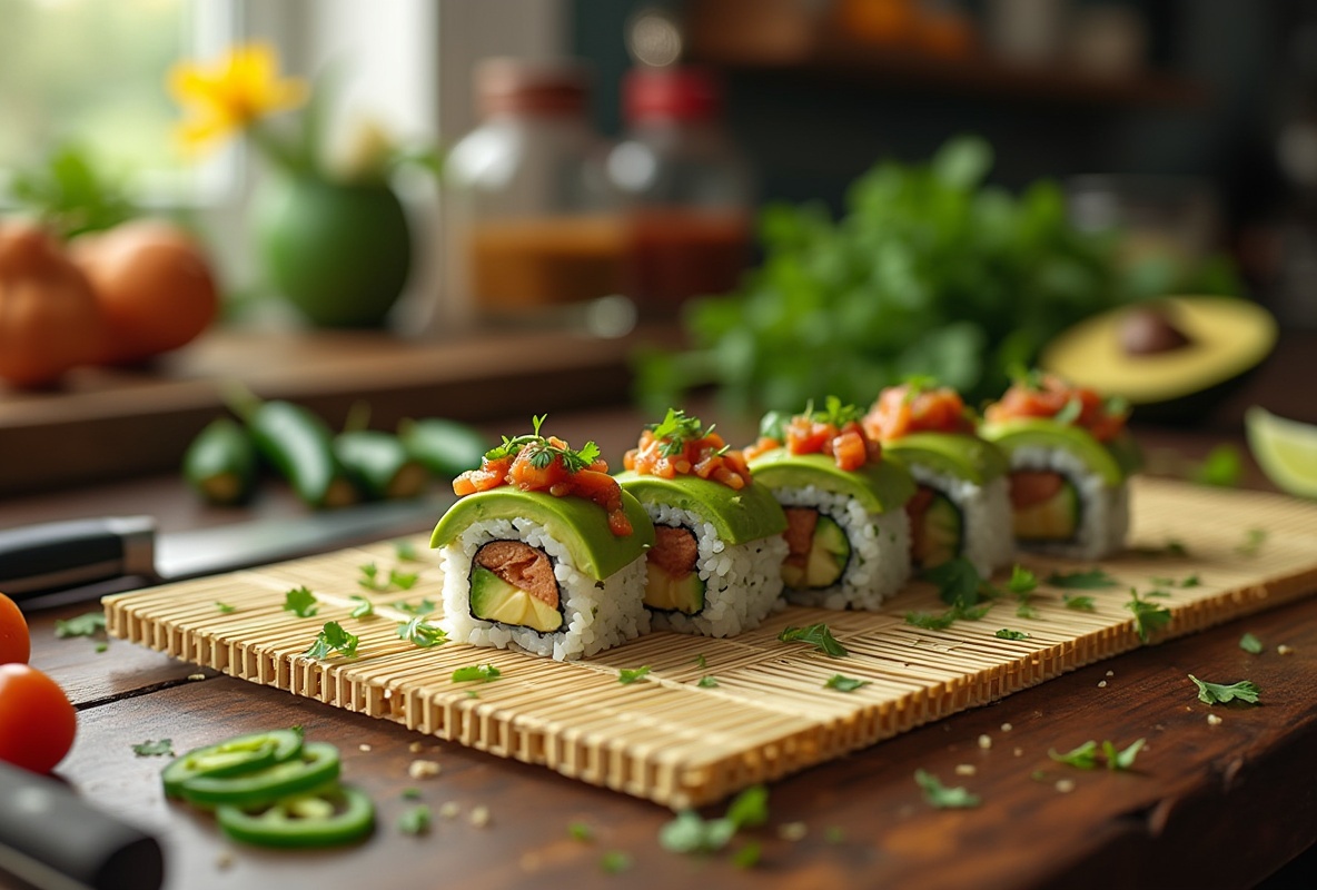 Mexican sushi rolls with avocado and salsa on a bamboo mat.