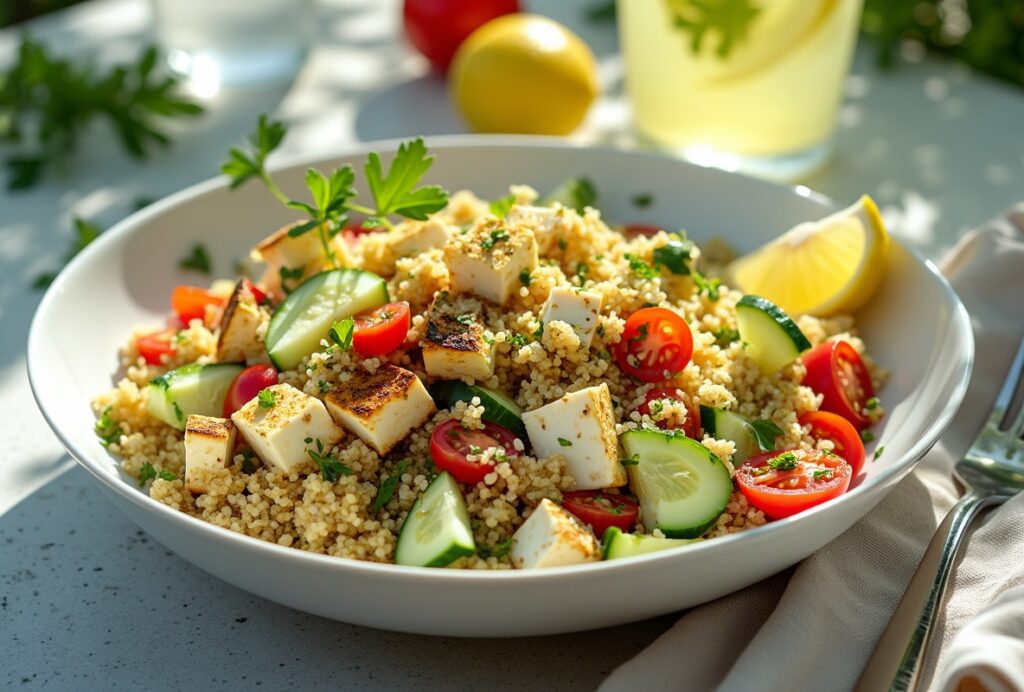 Bowl of halloumi quinoa salad with cucumber, tomatoes, and parsley.