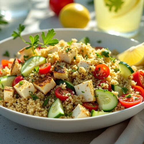 Bowl of halloumi quinoa salad with cucumber, tomatoes, and parsley.