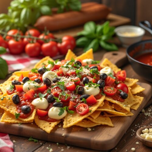 Italian Nachos Ingredient List with tomato sauce, olives, mozzarella, and herbs.