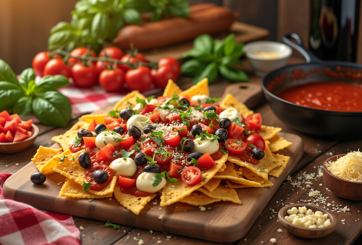 Italian Nachos Ingredient List with tomato sauce, olives, mozzarella, and herbs.