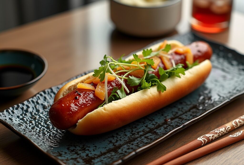 Japadog sausage with teriyaki sauce and pickled ginger on a plate.