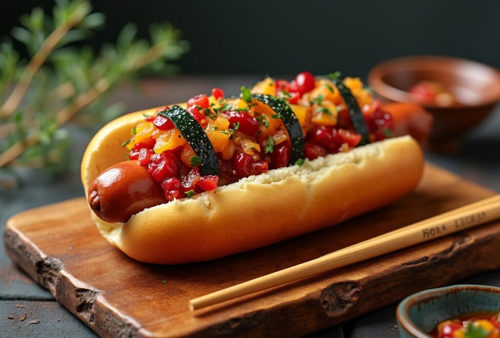 Japanese hot dog with vibrant toppings, zucchini, and peppers.