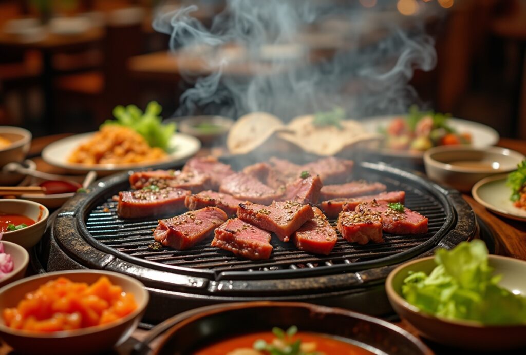 Sizzling Korean BBQ meats and side dishes on a grill.