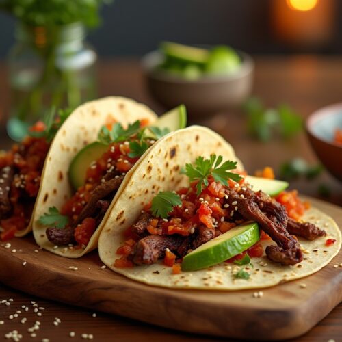 Serving of Korean BBQ tacos with beef, avocado, and tomatoes on a board.