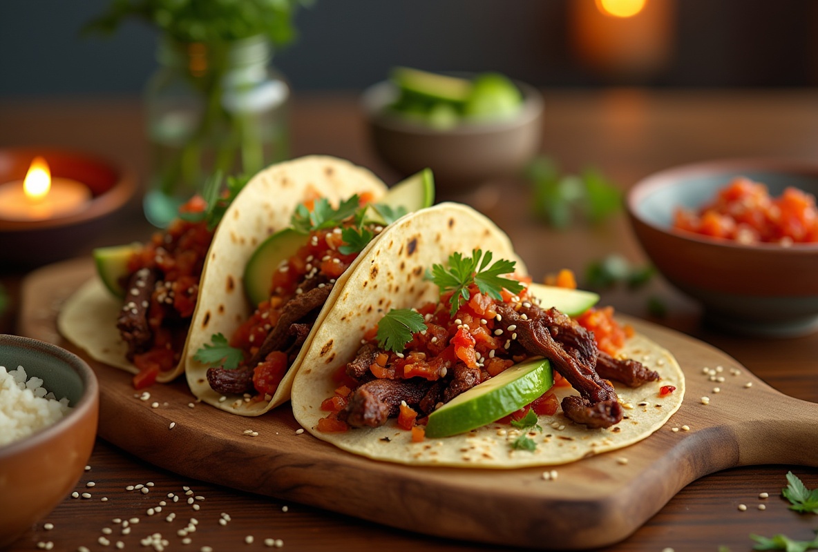 Serving of Korean BBQ tacos with beef, avocado, and tomatoes on a board.