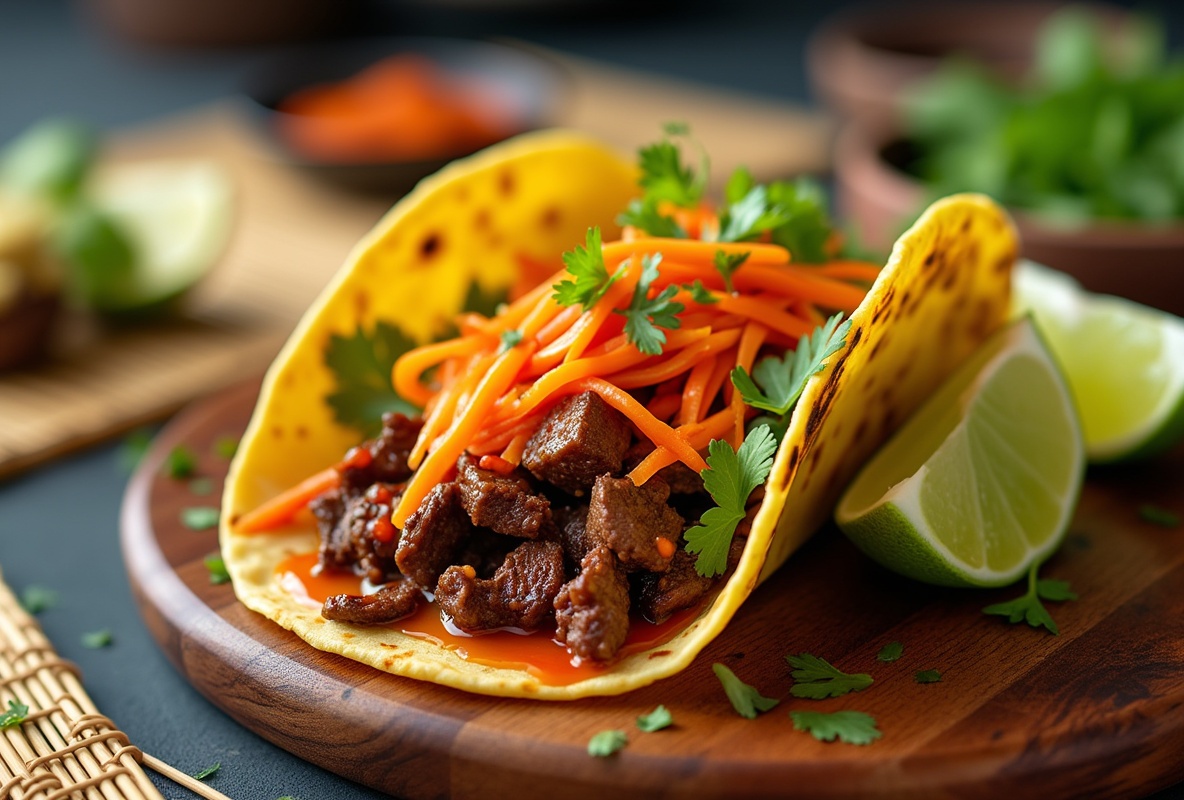 Fusion of Korean BBQ tacos on a charred tortilla with grilled beef.