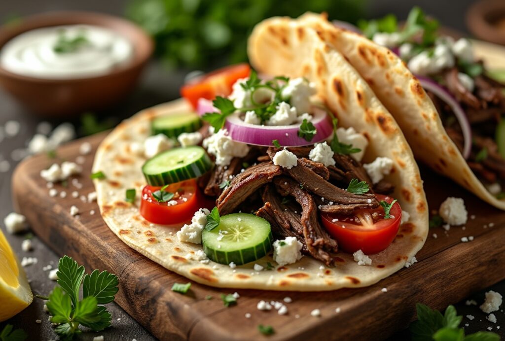 Lamb gyro in pita with cucumber, tomato, feta, and tzatziki sauce.