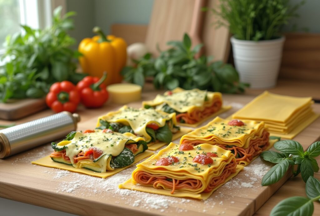 Vegan lasagna noodles with tomato sauce, spinach, and vegan cheese.