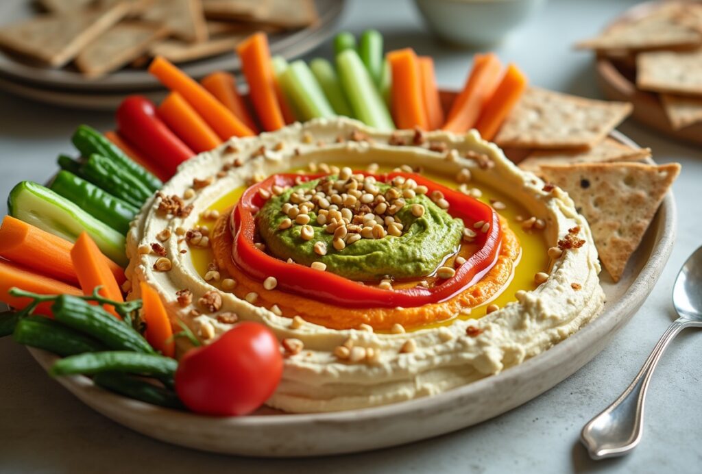 Easy layered hummus dip with beige, orange, and green hummus topped with red bell peppers and pine nuts.