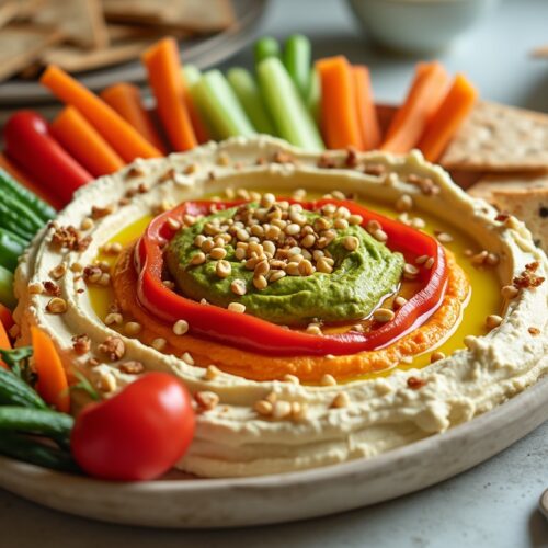 Easy layered hummus dip with beige, orange, and green hummus topped with red bell peppers and pine nuts.