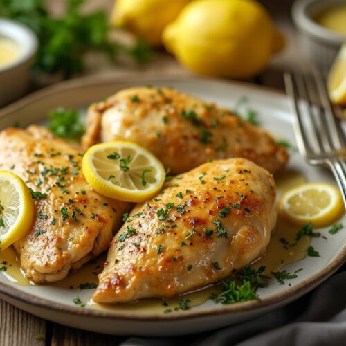 Easy one pan lemon garlic chicken dish with sauce and lemons.