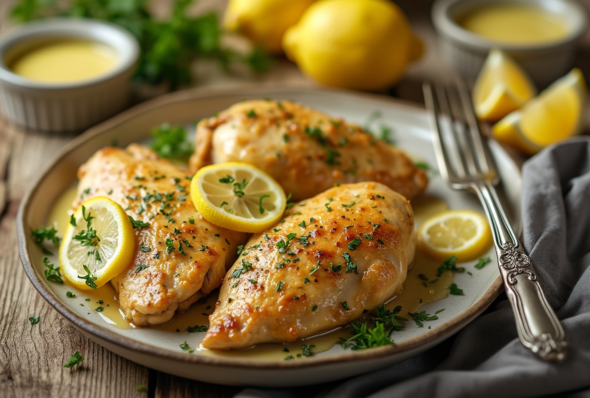 Easy one pan lemon garlic chicken dish with sauce and lemons.